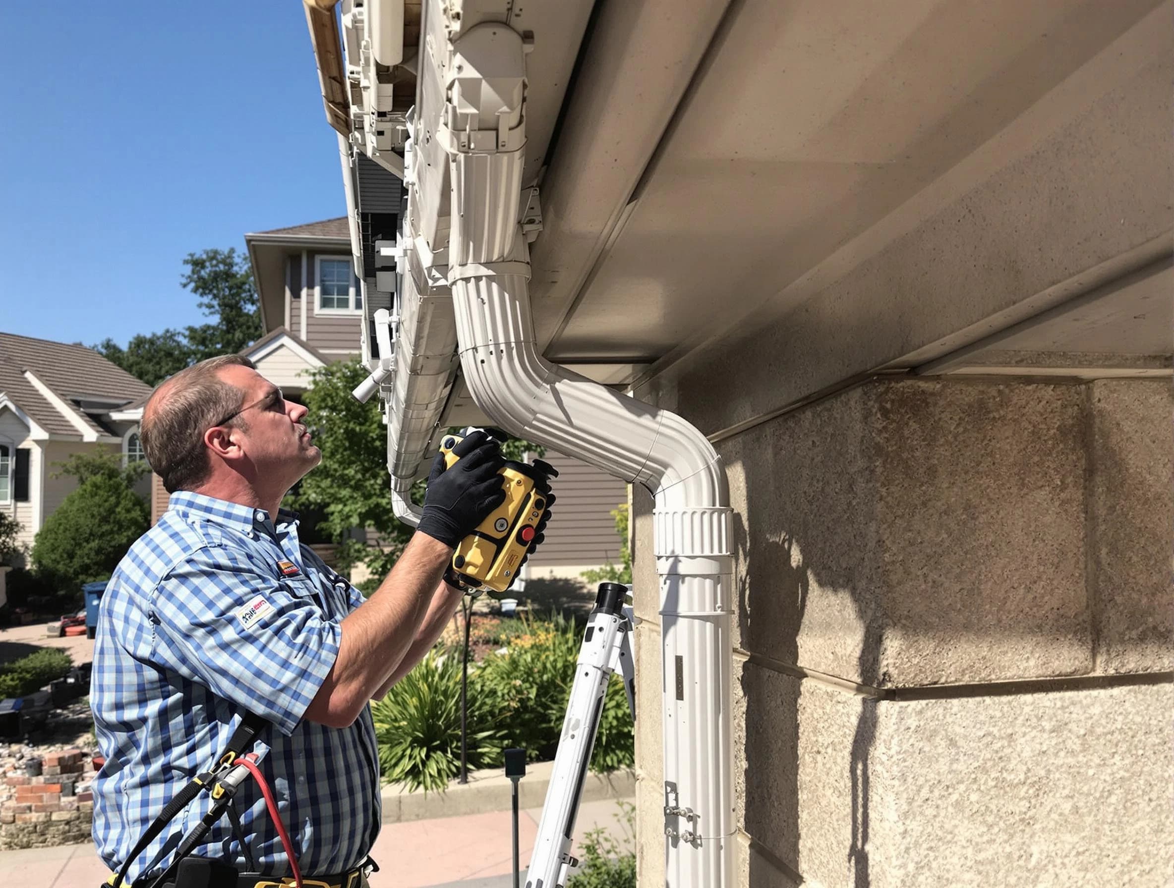 Close-up of a restored downspout system by Eastlake Roofing Company in Eastlake, OH