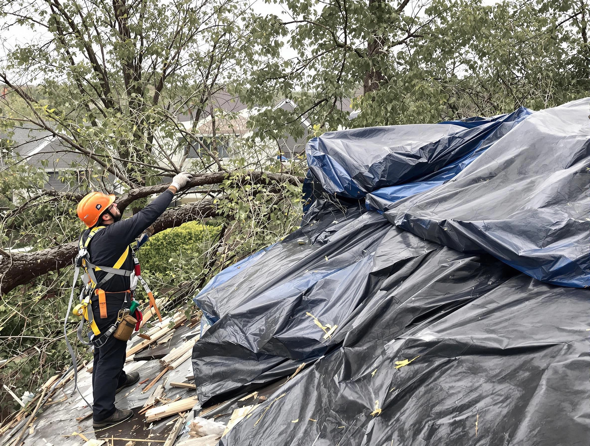 A tarped roof after storm damage repaired by Eastlake Roofing Company in Eastlake, OH