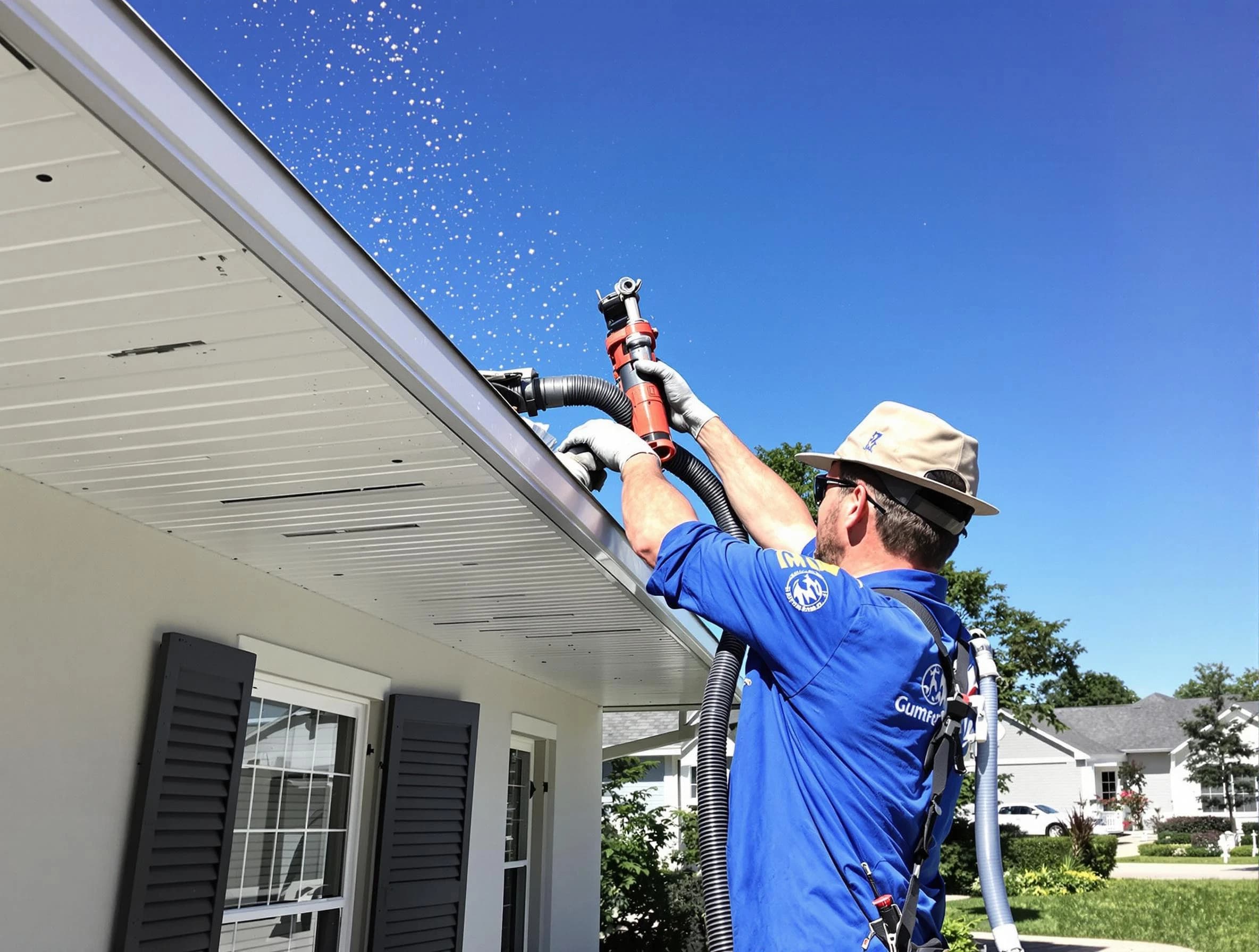 Technician completing a gutter cleaning project by Eastlake Roofing Company in Eastlake, OH